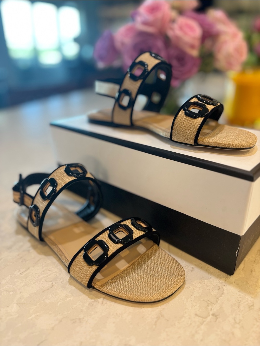 Larroude Milan Flat Sandal In Beige Raffia and Black Trimming - Picture 8 of 11